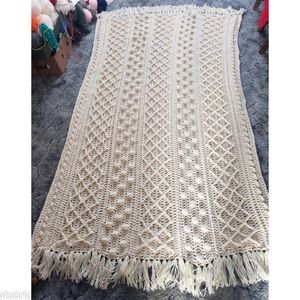 Creamsicle Fisherman Style Afghan w/Fringe Hand Crocheted In Aran